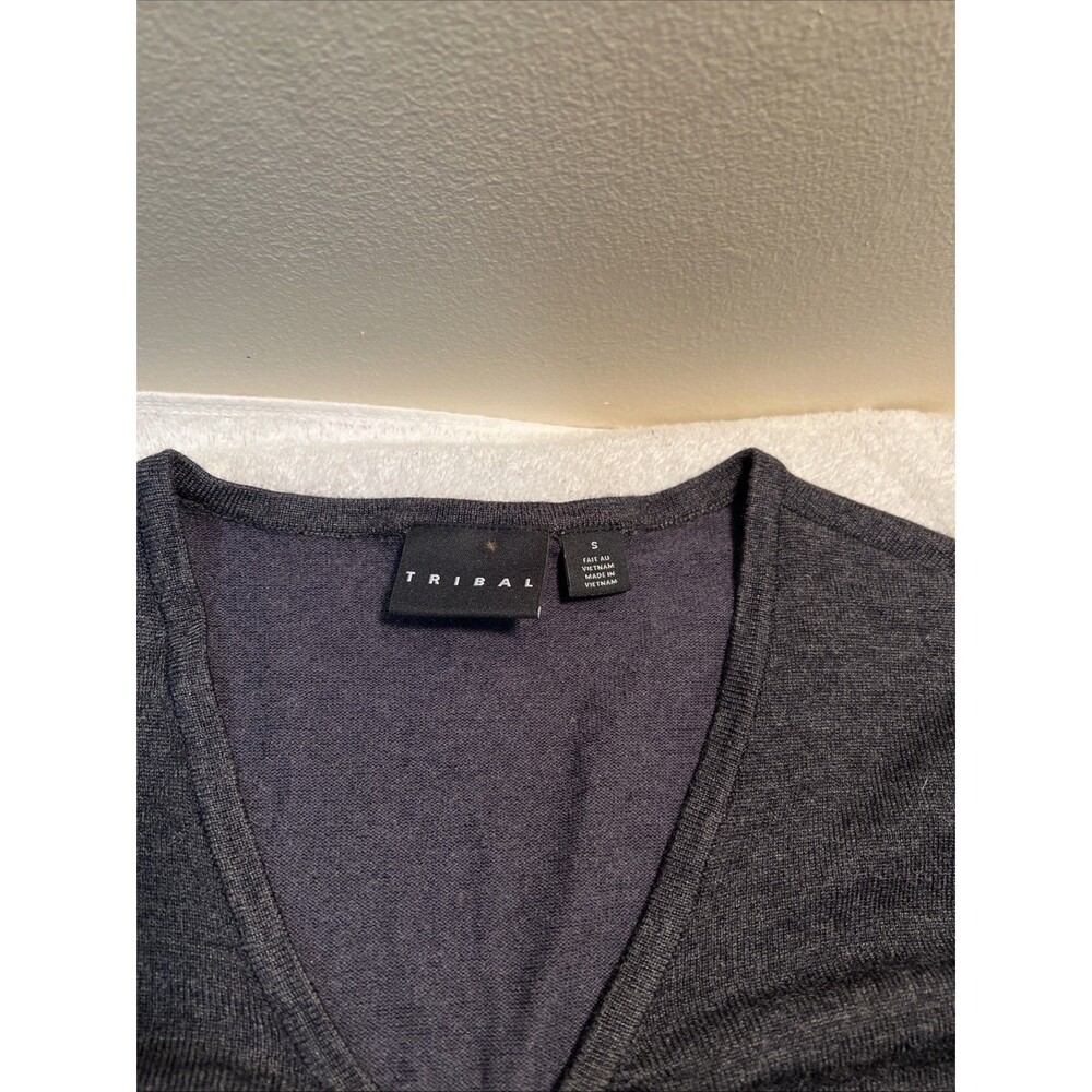 Tribal Sweater Womens Small Charcoal BlackV Neck Pullover Textured Trim Knit NWT - Picture 2 of 7